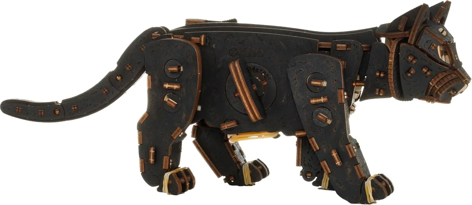 Black Kitten Mechanical Wooden Kit with Spring Motor Variations: Natural Wood, Black, Ginger