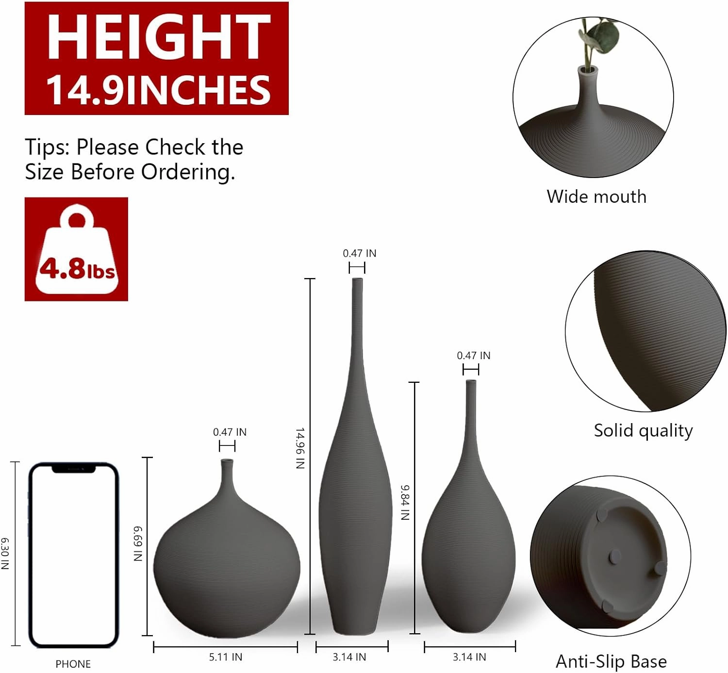 Black Ceramic Vase Modern Boho Wabi-Sabi Flower Vase Set of 3 Decorative Aesthetic Vases for Centerpieces Pampas Matte Minimalist Vases for Living Room Table Shelf Home Decor Gift