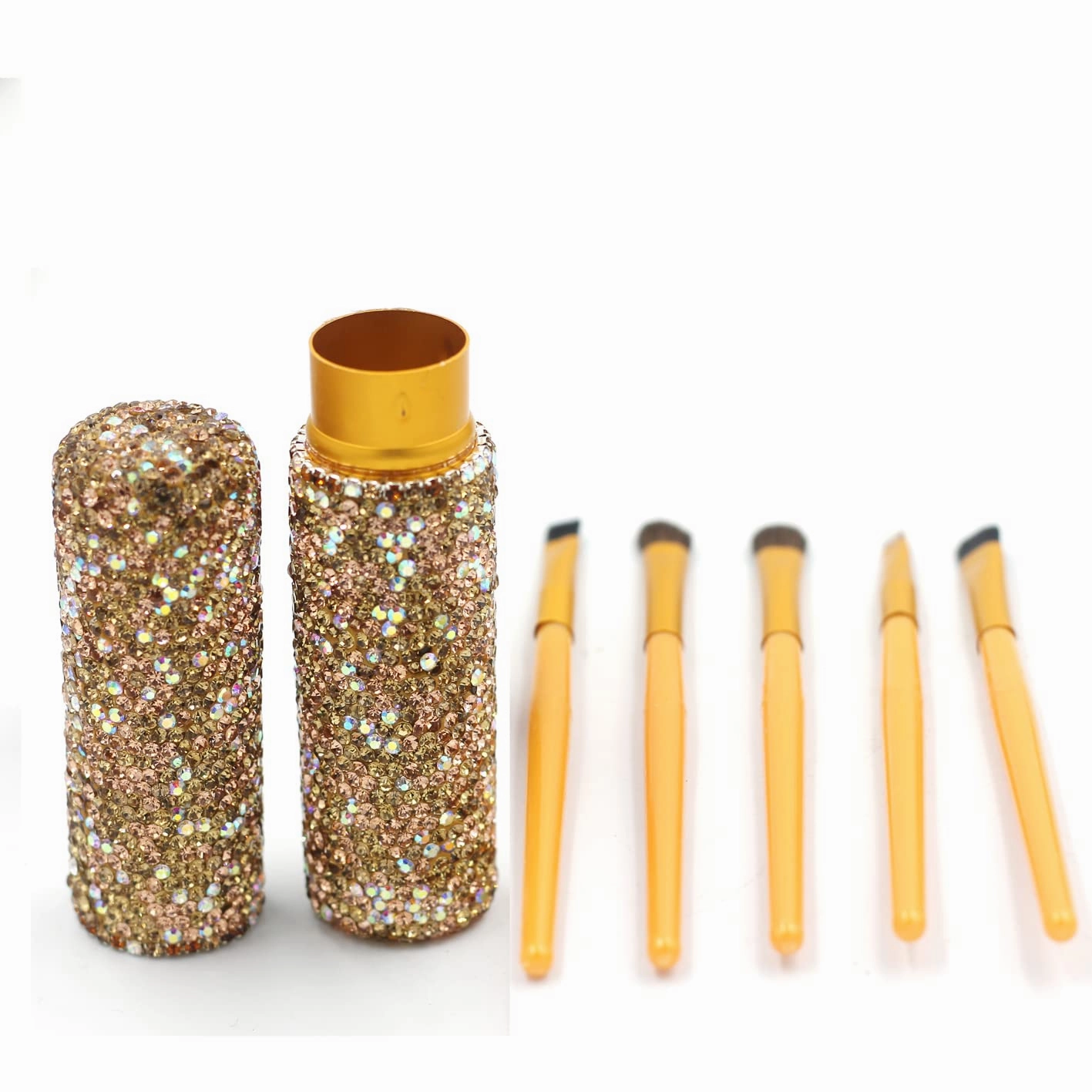 Bling Bling Portable 5-Piece Makeup Brush Set for Eyeshadow and Eyebrows with Rhinestone Barrel Packaging (Gold)