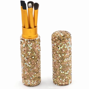 Bling Bling Portable 5-Piece Makeup Brush Set for Eyeshadow and Eyebrows with Rhinestone Barrel Packaging (Gold)