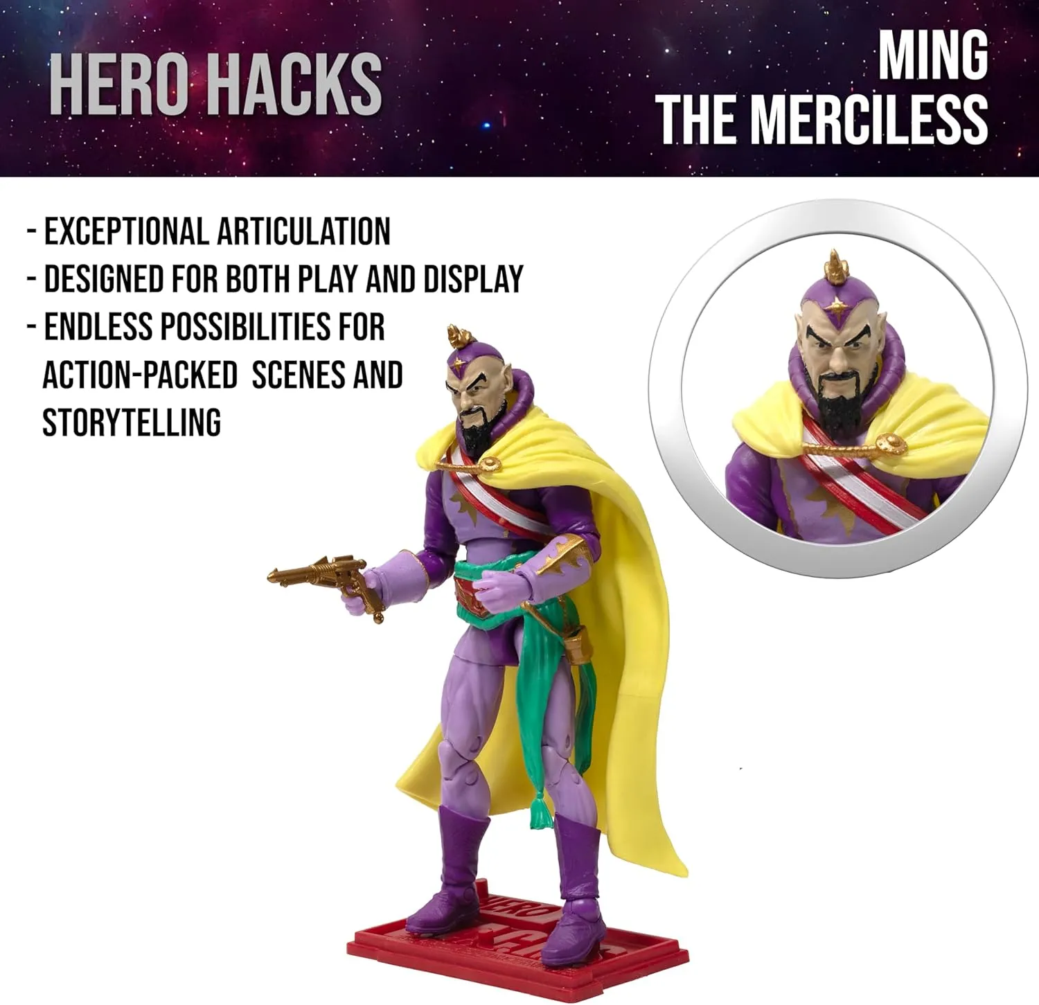 Boss Fight Studio Hero H.A.C.K.S. Flash Gordon Ming The Merciless Comic Book Action Figure, Highly Articulated Collectible Figurine & Accessories Including Pistol, Sword, Belt, Holster, & Cape – 1:18