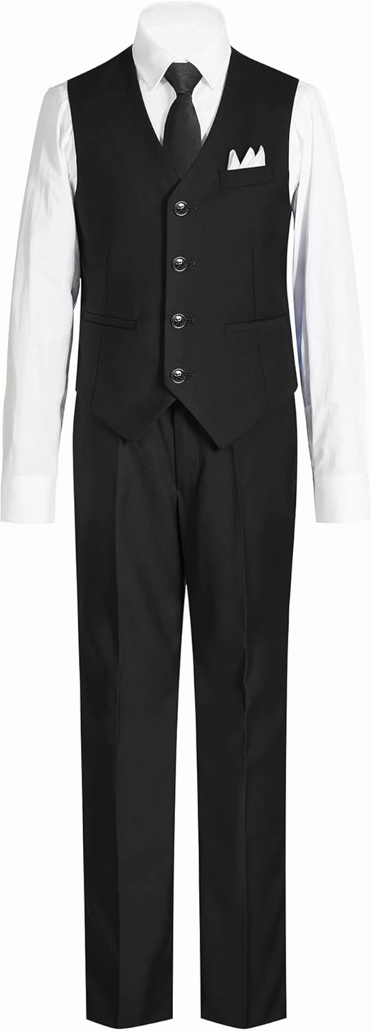 Boys' 6-Piece Formal Slim Fit Suit Set, Vest, Pants, Dress Shirt, Tie, Pocket Square, and Bow Tie
