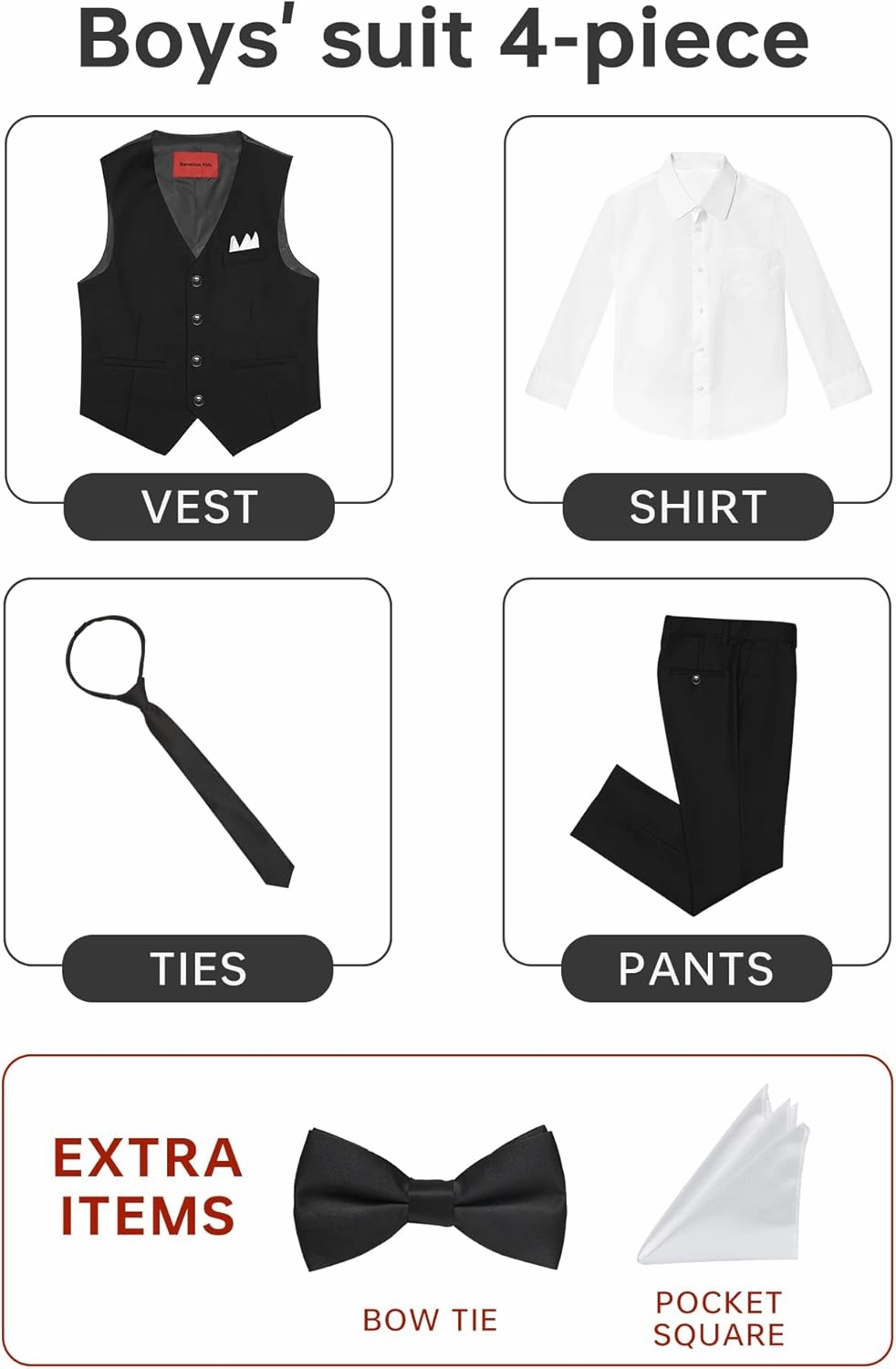 Boys' 6-Piece Formal Slim Fit Suit Set, Vest, Pants, Dress Shirt, Tie, Pocket Square, and Bow Tie