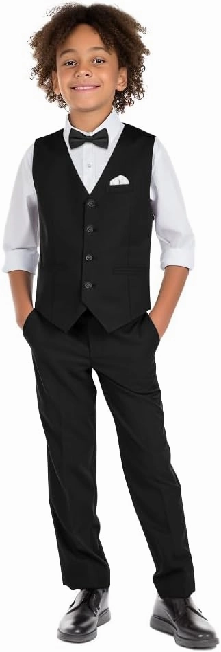 Boys' 6-Piece Formal Slim Fit Suit Set, Vest, Pants, Dress Shirt, Tie, Pocket Square, and Bow Tie