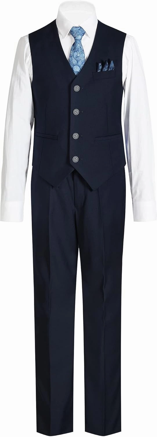 Boys' 6-Piece Formal Slim Fit Suit Set, Vest, Pants, Dress Shirt, Tie, Pocket Square, and Bow Tie