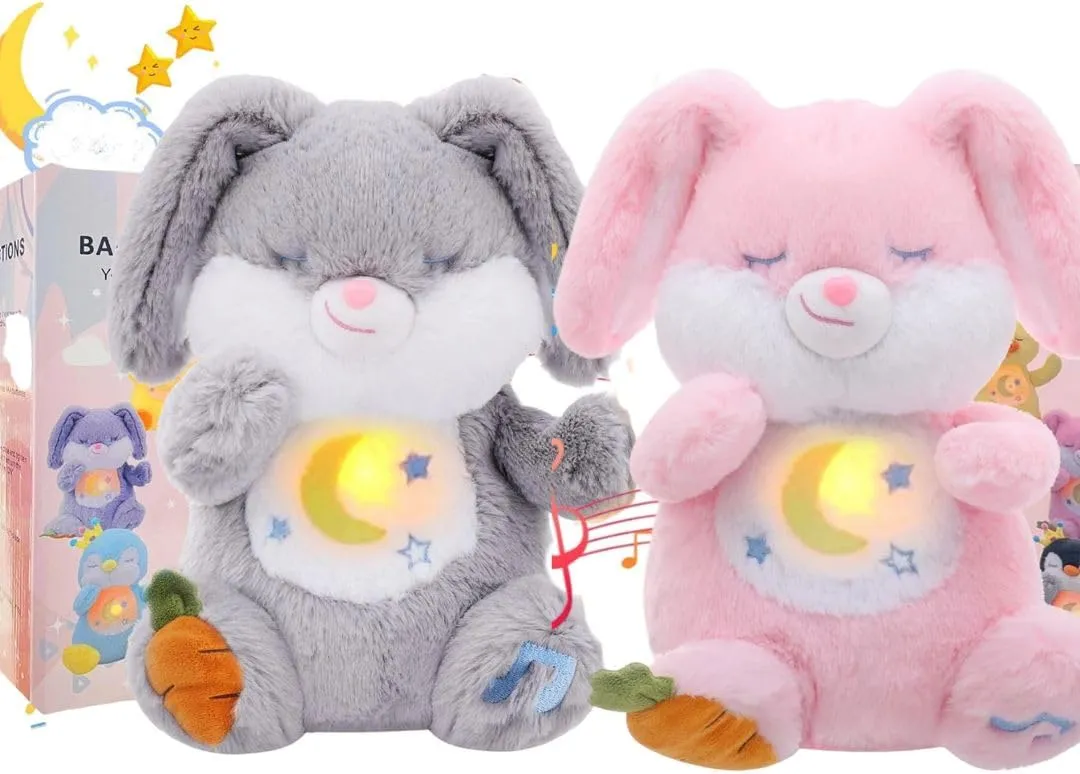 Breathing Stuffed Animal, Soothe Snuggle Pink Bunny & Gray Bunny Plush for Anxiety Adults and Kids, Soothing Stuffed Animal, Soft Breathing Plush Bunny Gifts with Realistic Breathing and Lights