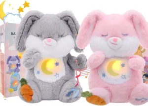 Breathing Stuffed Animal, Soothe Snuggle Pink Bunny & Gray Bunny Plush for Anxiety Adults and Kids, Soothing Stuffed Animal, Soft Breathing Plush Bunny Gifts with Realistic Breathing and Lights