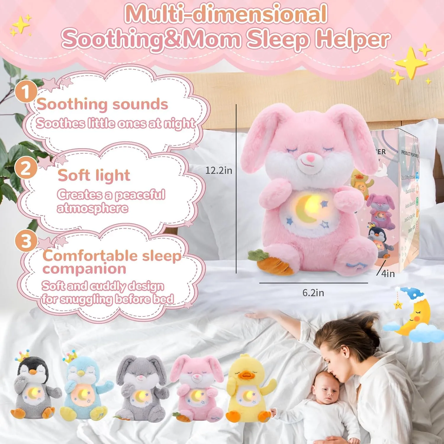 Breathing Stuffed Animal, Soothe Snuggle Pink Bunny Plush for Anxiety Adults and Kids, Soothing Stuffed Animal, Soft Breathing Plush Bunny Gifts with Realistic Breathing and Lights