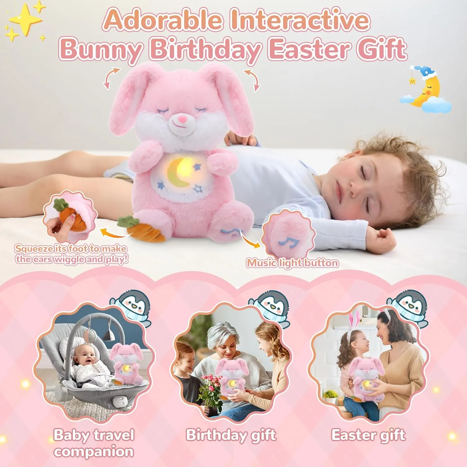 Breathing Stuffed Animal, Soothe Snuggle Pink Bunny Plush for Anxiety Adults and Kids, Soothing Stuffed Animal, Soft Breathing Plush Bunny Gifts with Realistic Breathing and Lights