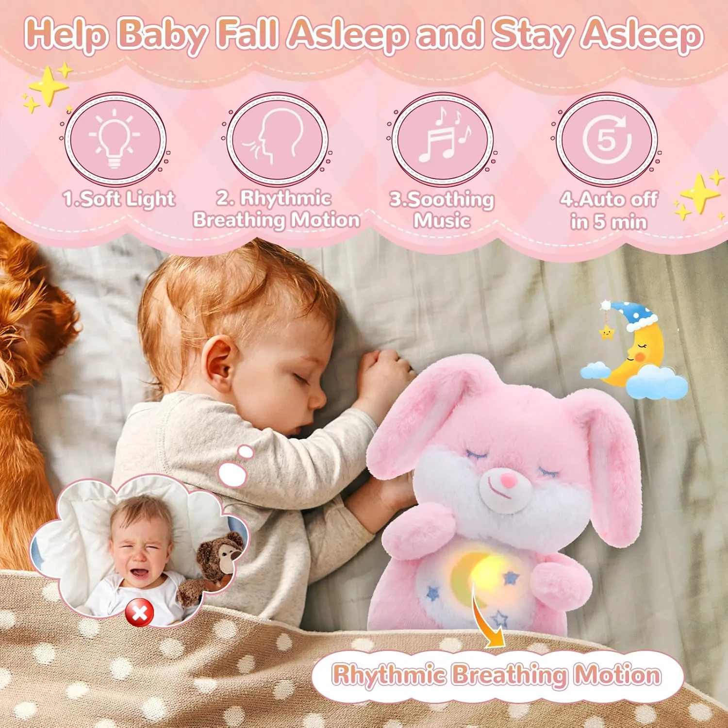 Breathing Stuffed Animal, Soothe Snuggle Pink Bunny Plush for Anxiety Adults and Kids, Soothing Stuffed Animal, Soft Breathing Plush Bunny Gifts with Realistic Breathing and Lights
