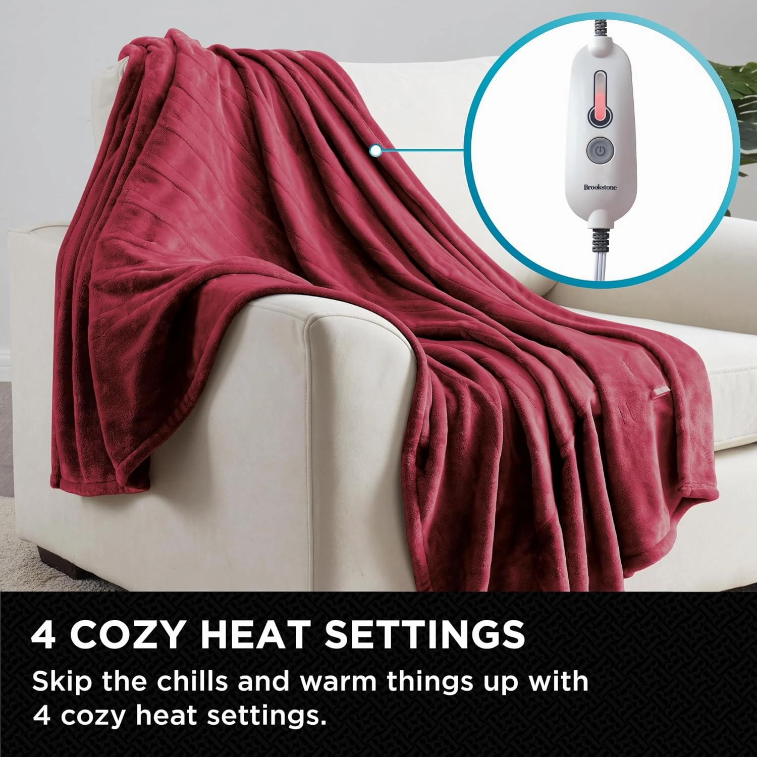 Brookstone Oversized Electric Heated Throw - Heated Blankets - 4 Heat Settings, 4-Hour Auto Shut Off, 100% Polyester, 50"x60" - Red