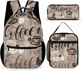 Brown Coffee Maker Beans Theme Large Capacity Portable Backpack Three Piece Set