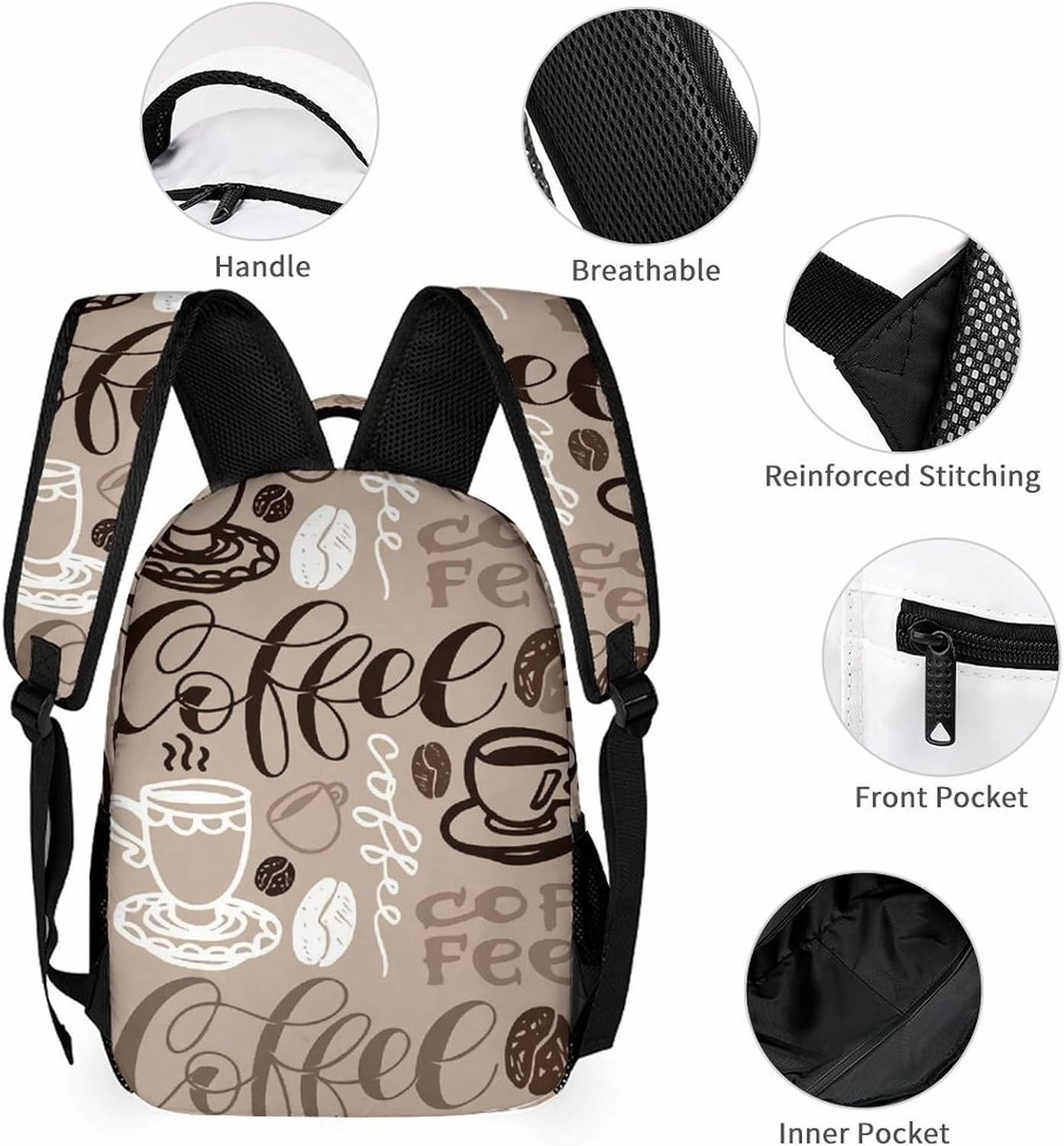 Brown Coffee Maker Beans Theme Large Capacity Portable Backpack Three Piece Set