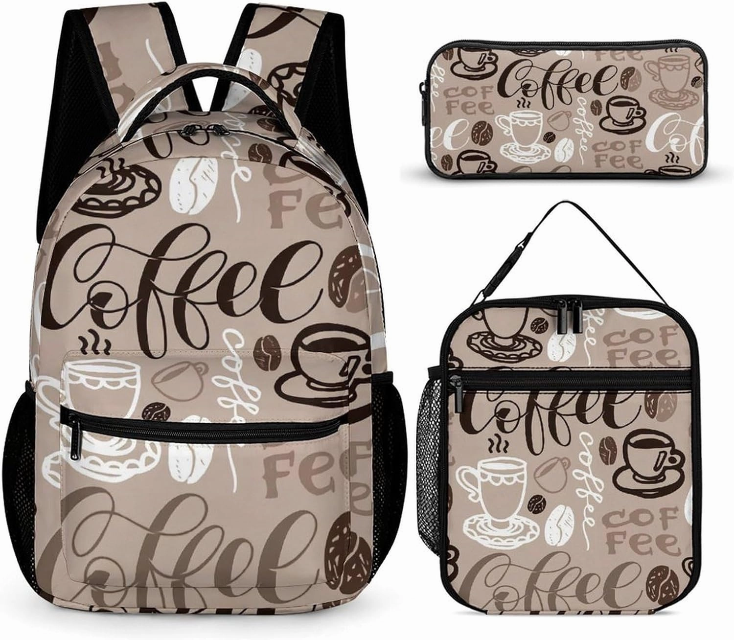 Brown Coffee Maker Beans Theme Large Capacity Portable Backpack Three Piece Set