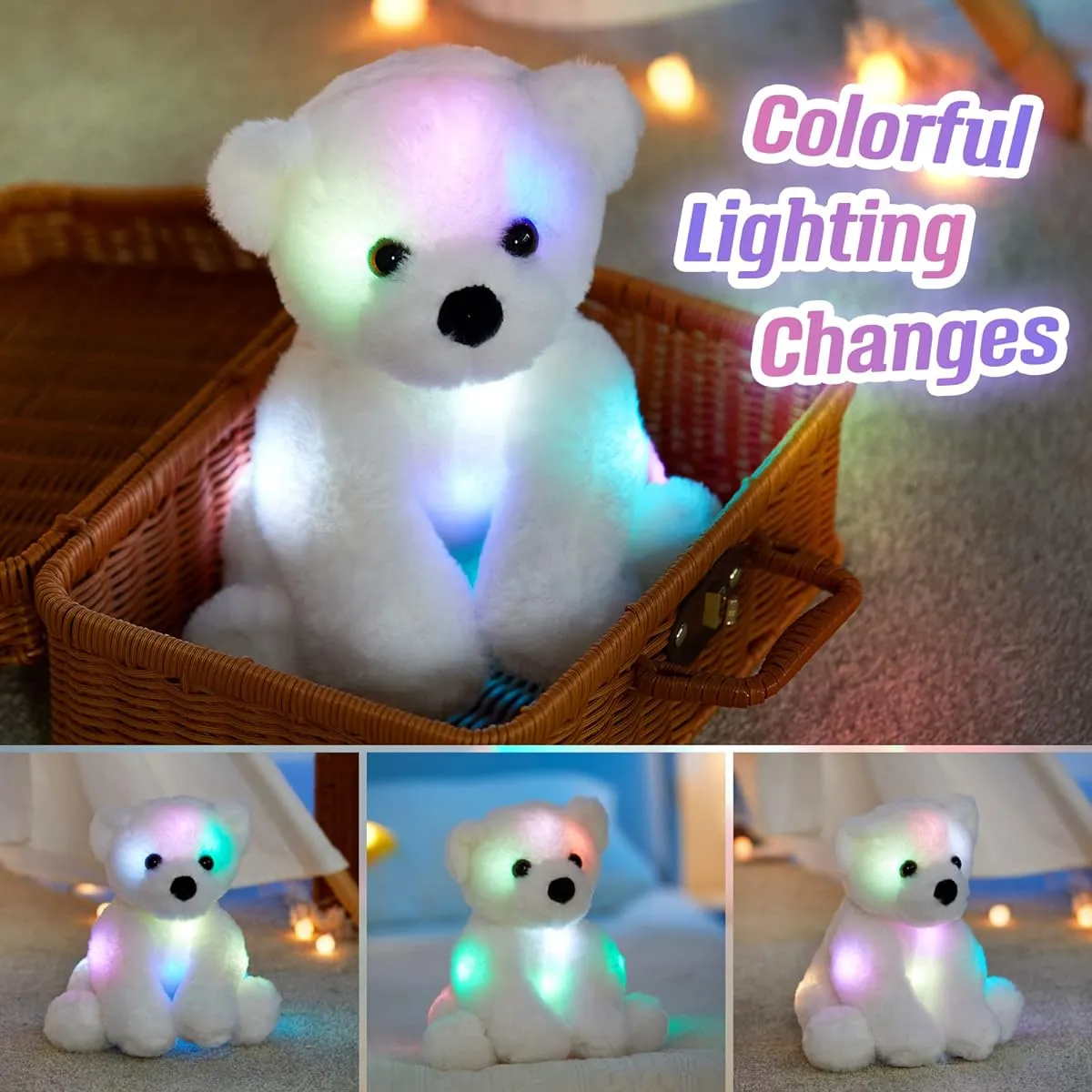 Bstaofy Glow Polar Bear LED Plush Night Light Soft Stuffed Animals Adorable Floppy Toy Gifts for Christmas Birthday Kids, 9.5'', White