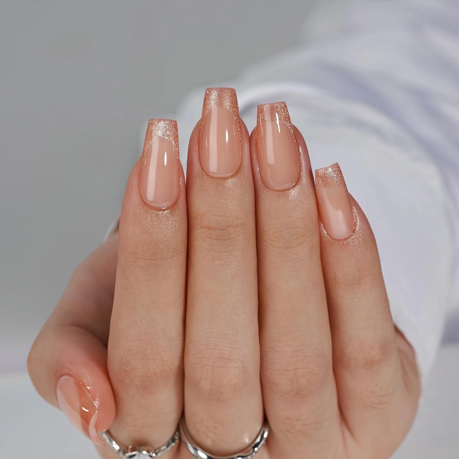 BTArtbox Press on Nails Coffin - Gold Rose French Tips Press On Nails Short for Women, Cat Eye Nail Tips, Glitter Fake Nails with Glue, Glue On Nails in 16 Sizes - 30 Nail Kit, Gold Dust