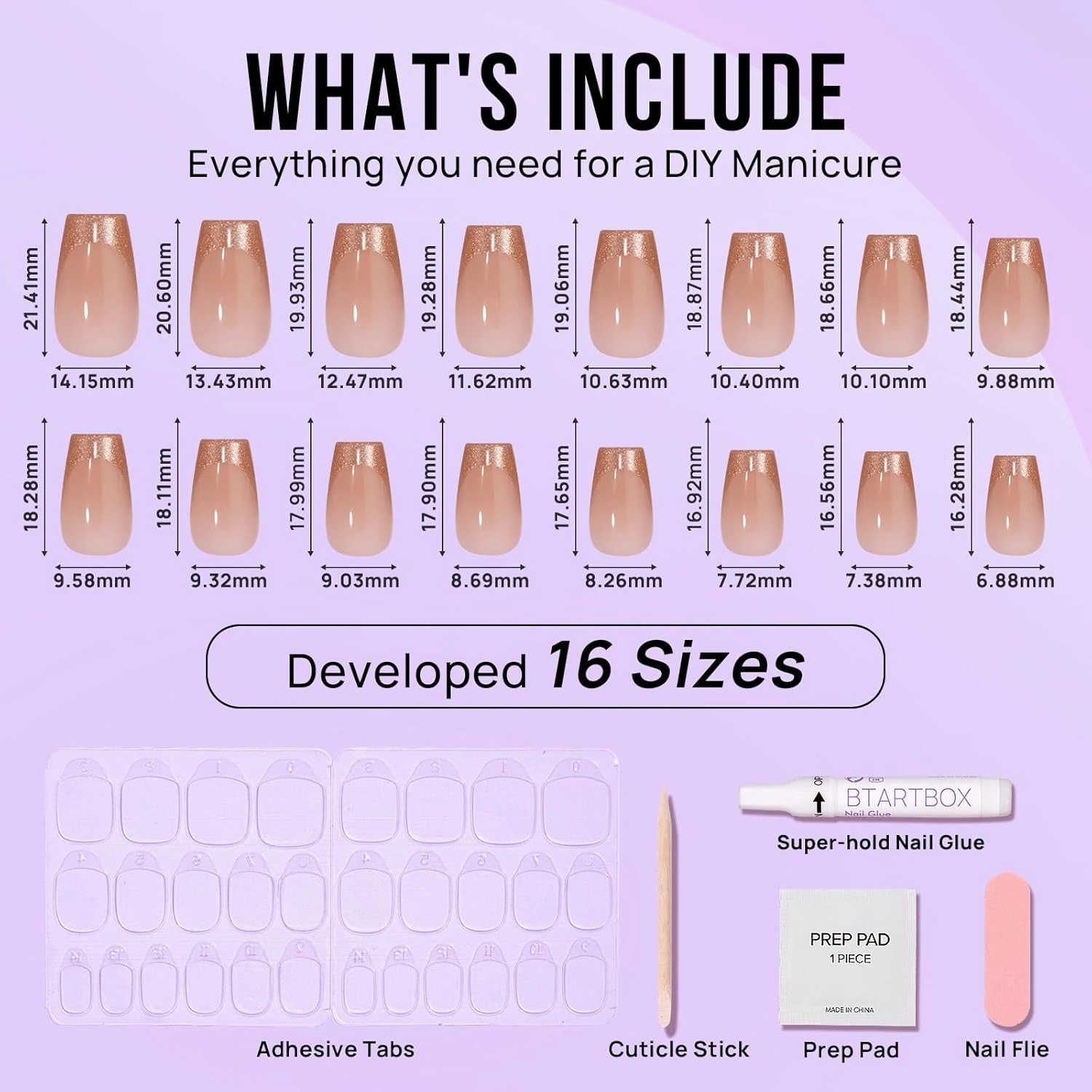 BTArtbox Press on Nails Coffin - Gold Rose French Tips Press On Nails Short for Women, Cat Eye Nail Tips, Glitter Fake Nails with Glue, Glue On Nails in 16 Sizes - 30 Nail Kit, Gold Dust