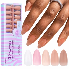 BTArtbox Soft Gel Nail Tips Almond, 600PCS 5 Colors XCOATTIPS Natural Pre-applied Tip Primer Cover, Pre-colored 15 Sizes Medium Press On Nails Soak Off Fake Nails for Nail Art DIY