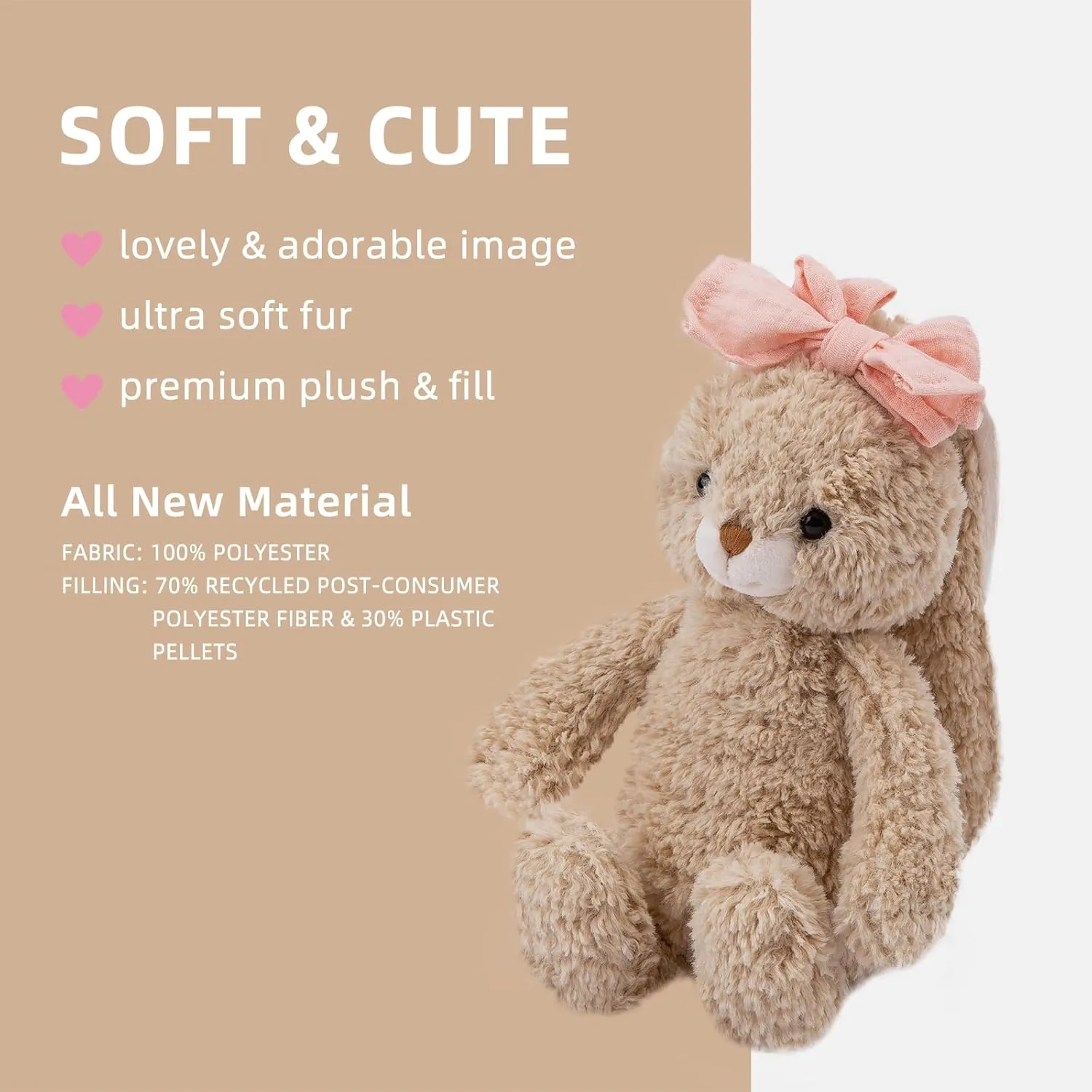 Bunny Stuffed Animal Soft Rabbit Cuddly Toy 8'' Long - Eared Brown Plush Bunny with Pink Bow Plush Toys for Babies and Toddlers