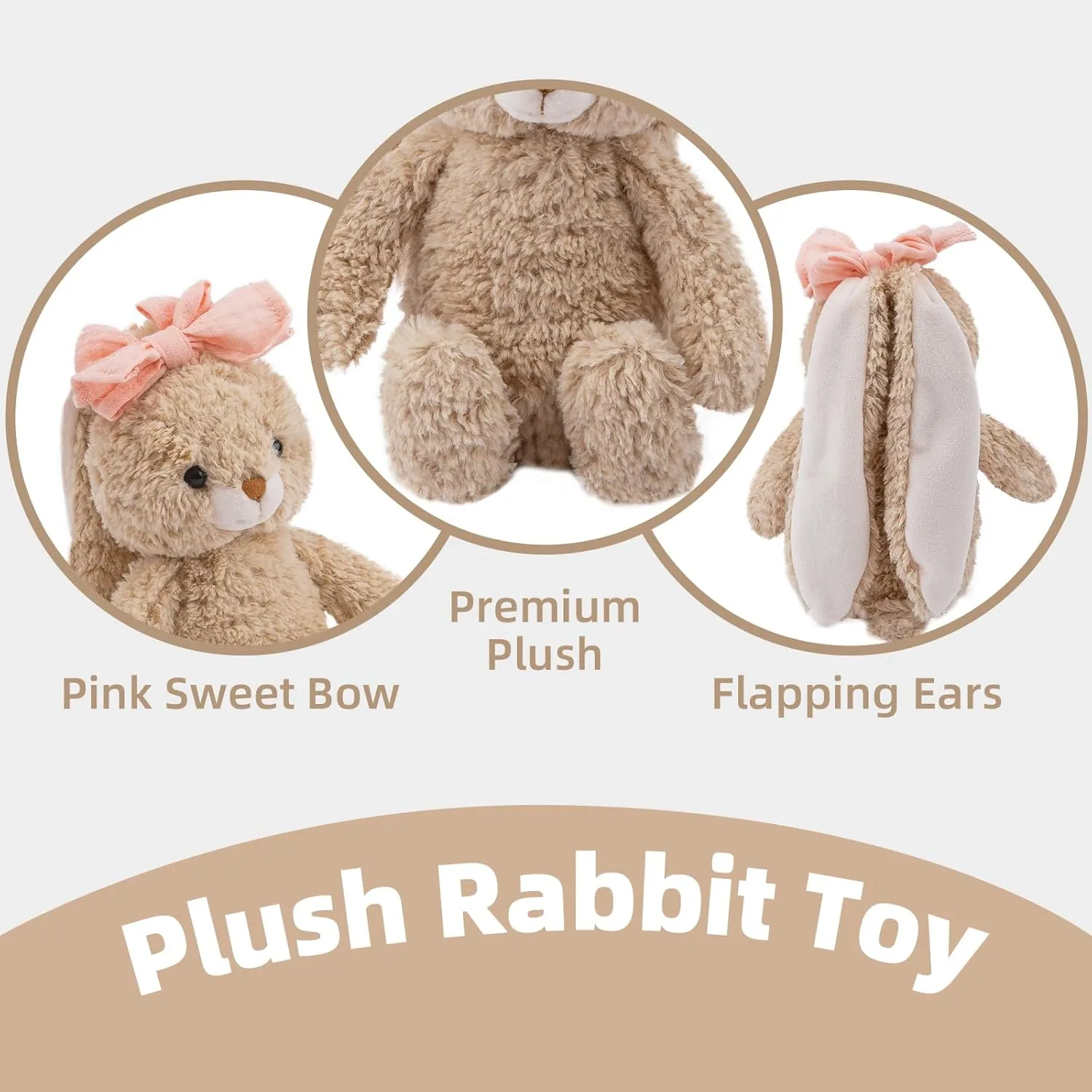 Bunny Stuffed Animal Soft Rabbit Cuddly Toy 8'' Long - Eared Brown Plush Bunny with Pink Bow Plush Toys for Babies and Toddlers