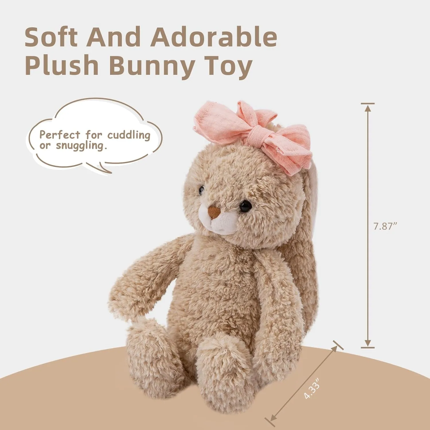 Bunny Stuffed Animal Soft Rabbit Cuddly Toy 8'' Long - Eared Brown Plush Bunny with Pink Bow Plush Toys for Babies and Toddlers