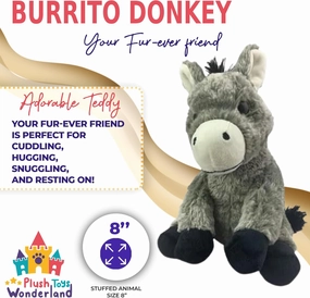 Burrito The Donkey 8 inch Plush Stuffed Animal Toy for Kids - Ultra Soft, Huggable & Realistic Donkey Plushie, Ideal Cuddly Companion & Gift for Toddlers, and Animal Lovers
