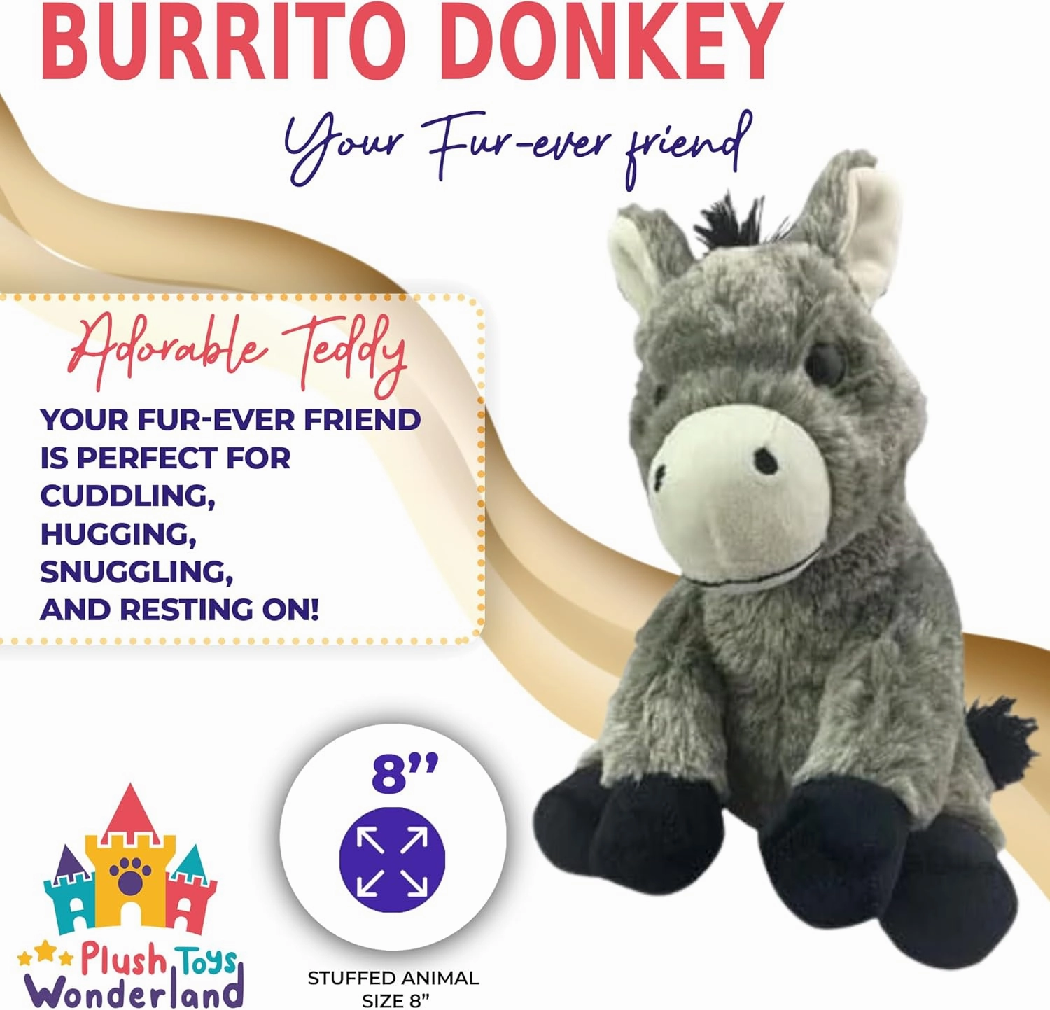 Burrito The Donkey 8 inch Plush Stuffed Animal Toy for Kids - Ultra Soft, Huggable & Realistic Donkey Plushie, Ideal Cuddly Companion & Gift for Toddlers, and Animal Lovers