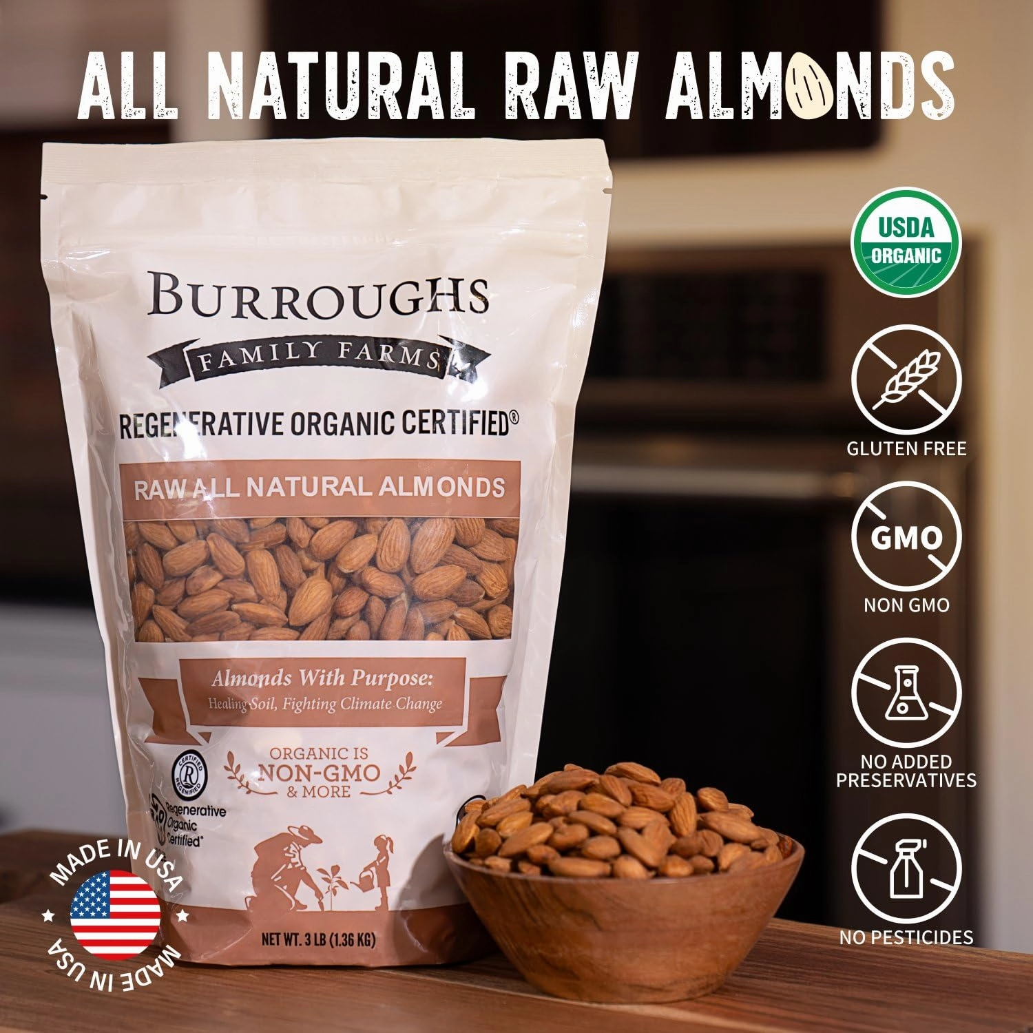 Burroughs Family Farms 3 lb USDA Organic Raw Almonds – First Regenerative Organic Certified Farm – Gluten-Free, Non-GMO, Vegan, Paleo & Keto-Friendly Almond Nuts – High in Protein & Nutrients Versus Other Nuts, Great for Almond Milk