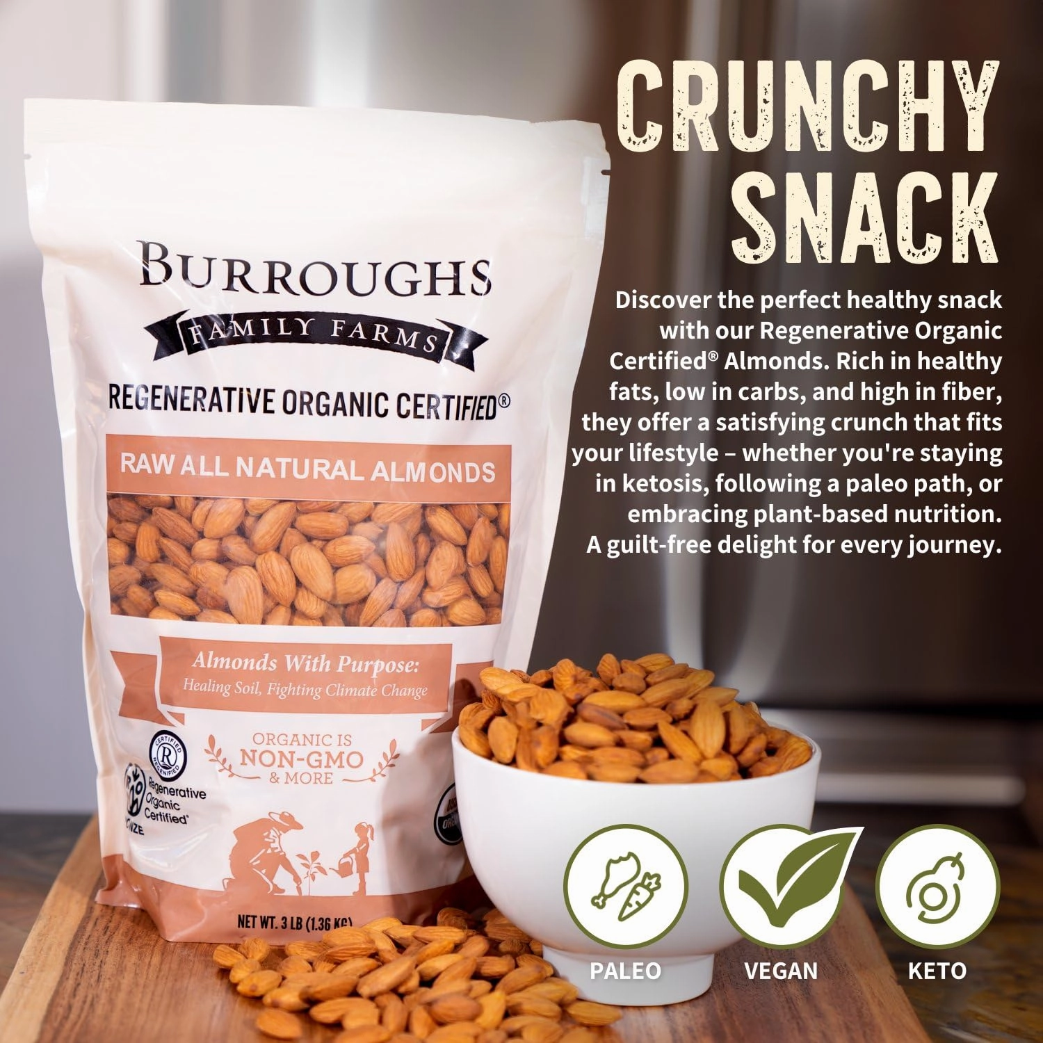 Burroughs Family Farms 3 lb USDA Organic Raw Almonds – First Regenerative Organic Certified Farm – Gluten-Free, Non-GMO, Vegan, Paleo & Keto-Friendly Almond Nuts – High in Protein & Nutrients Versus Other Nuts, Great for Almond Milk