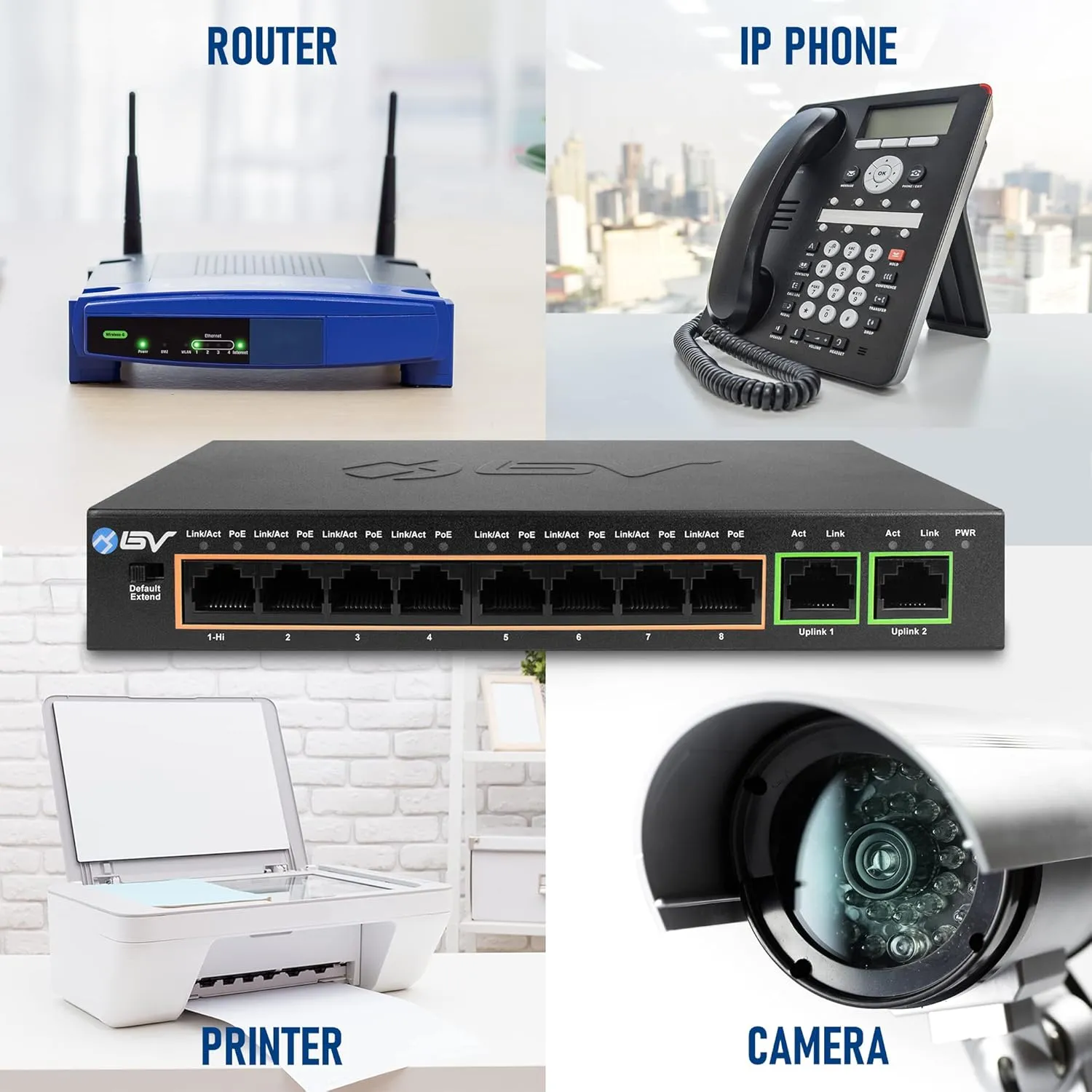 BV-Tech 8-Port PoE Switch with 2 Gigabit Uplink Ports – 96W High-Power Budget, Compact Desktop Design, Extended Transmission up to 656ft – Durable, Easy Setup for Office & Home Networks