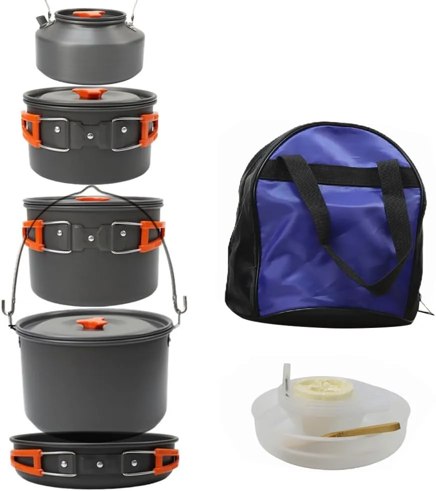 Camping Cookwa Set Portable Outdoor Dishes & Utensils for 5-8 Person Aluminum Pot Set with iling Kettle Frying Pan & Dinnerwa Picnic Tablewa