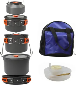 Camping Cookwa Set Portable Outdoor Dishes & Utensils for 5-8 Person Aluminum Pot Set with iling Kettle Frying Pan & Dinnerwa Picnic Tablewa