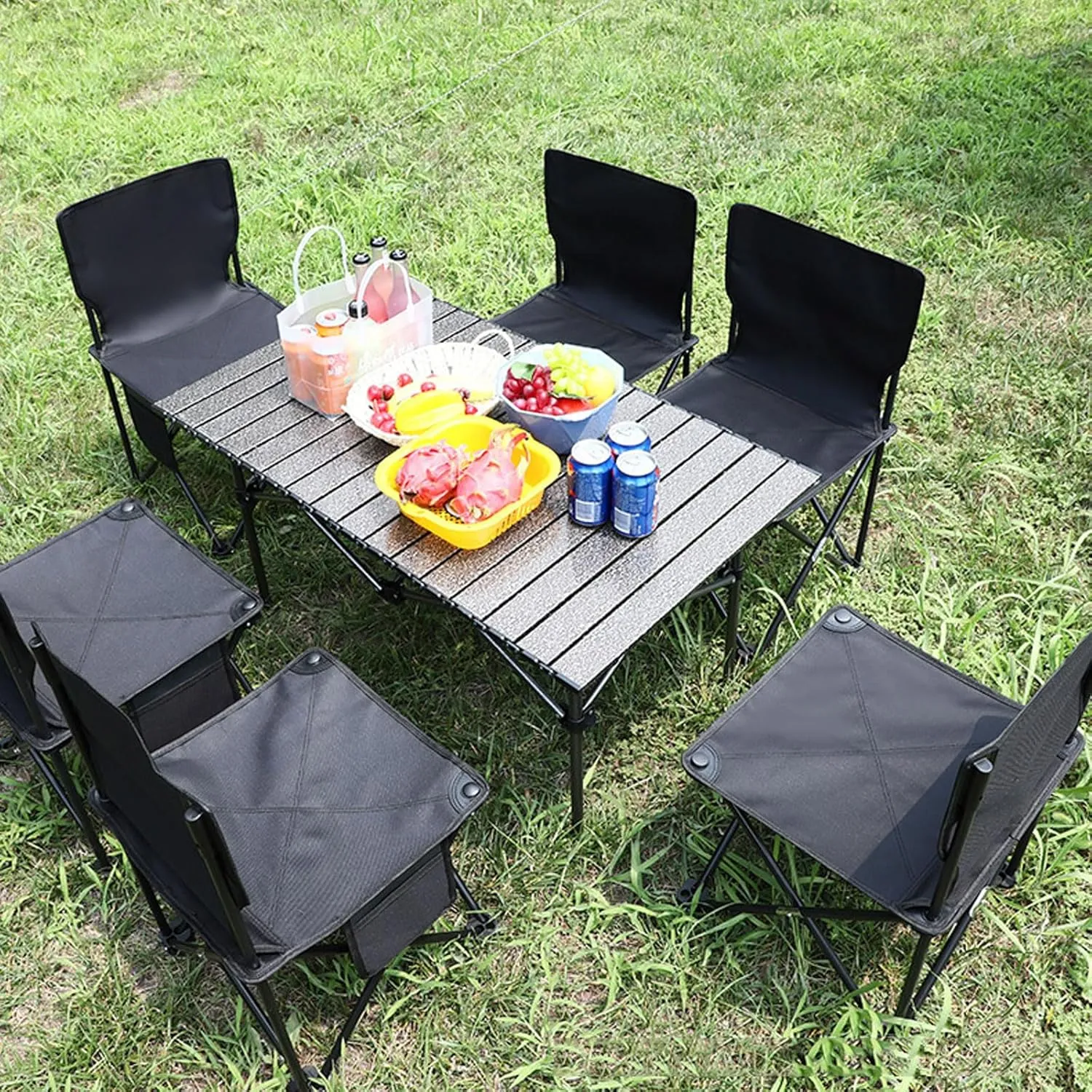 Camping Table Chairs, Folding Chair Set with Table Aluminum Roll-up Table Top Lightweight Foldable Table Lawn Chair with Storage Bags, Quick Assembly, Beige-120cm white-7pcs