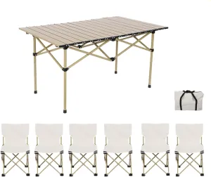 Camping Table Chairs, Folding Chair Set with Table Aluminum Roll-up Table Top Lightweight Foldable Table Lawn Chair with Storage Bags, Quick Assembly, Beige-120cm white-7pcs
