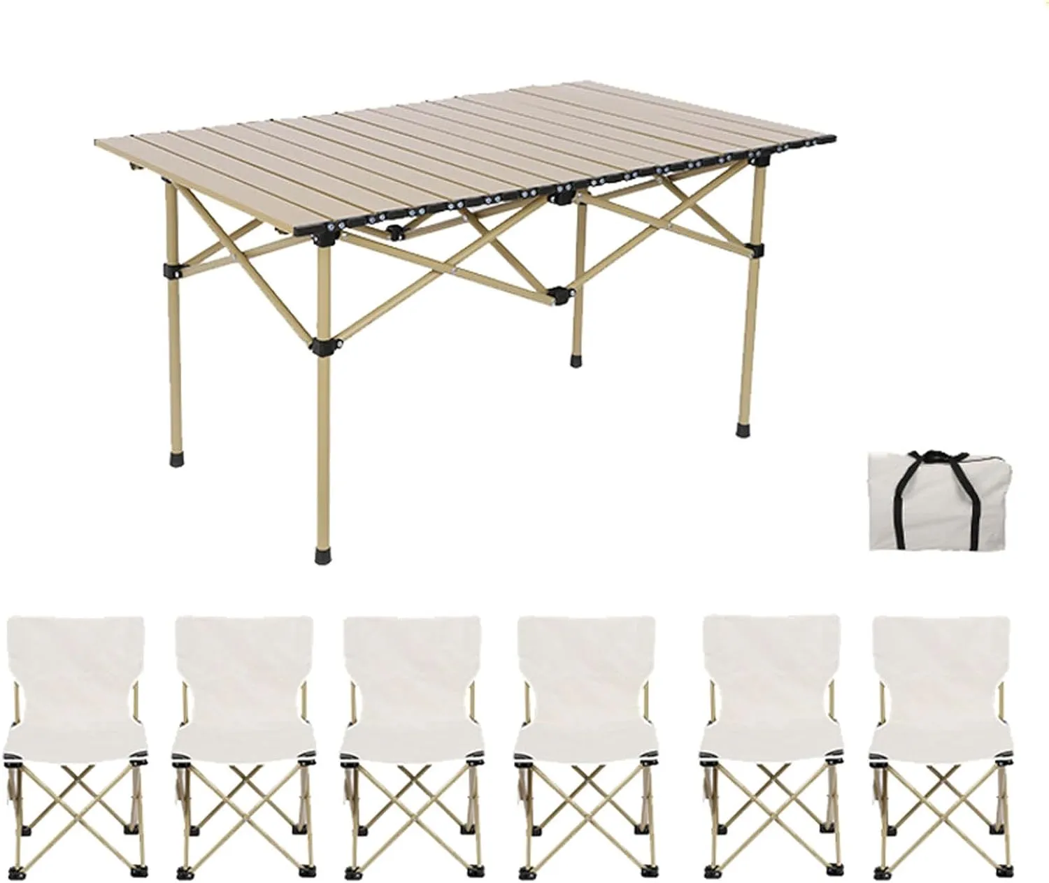 Camping Table Chairs, Folding Chair Set with Table Aluminum Roll-up Table Top Lightweight Foldable Table Lawn Chair with Storage Bags, Quick Assembly, Beige-120cm white-7pcs
