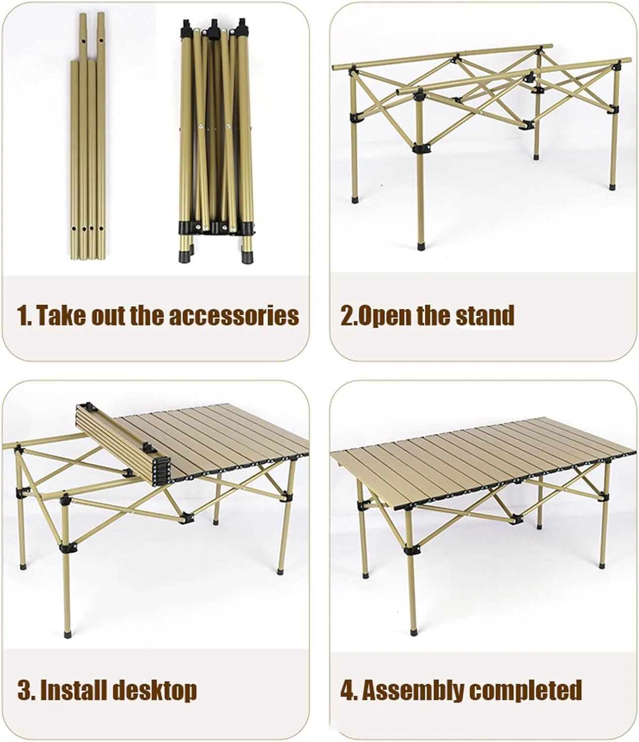 Camping Table Chairs, Folding Chair Set with Table Aluminum Roll-up Table Top Lightweight Foldable Table Lawn Chair with Storage Bags, Quick Assembly, Beige-120cm white-7pcs