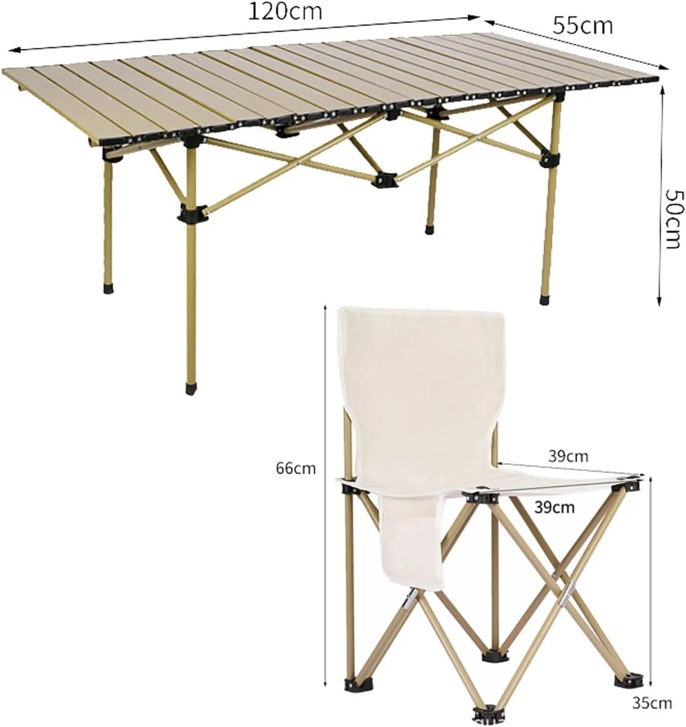 Camping Table Chairs, Folding Chair Set with Table Aluminum Roll-up Table Top Lightweight Foldable Table Lawn Chair with Storage Bags, Quick Assembly, Beige-120cm white-7pcs