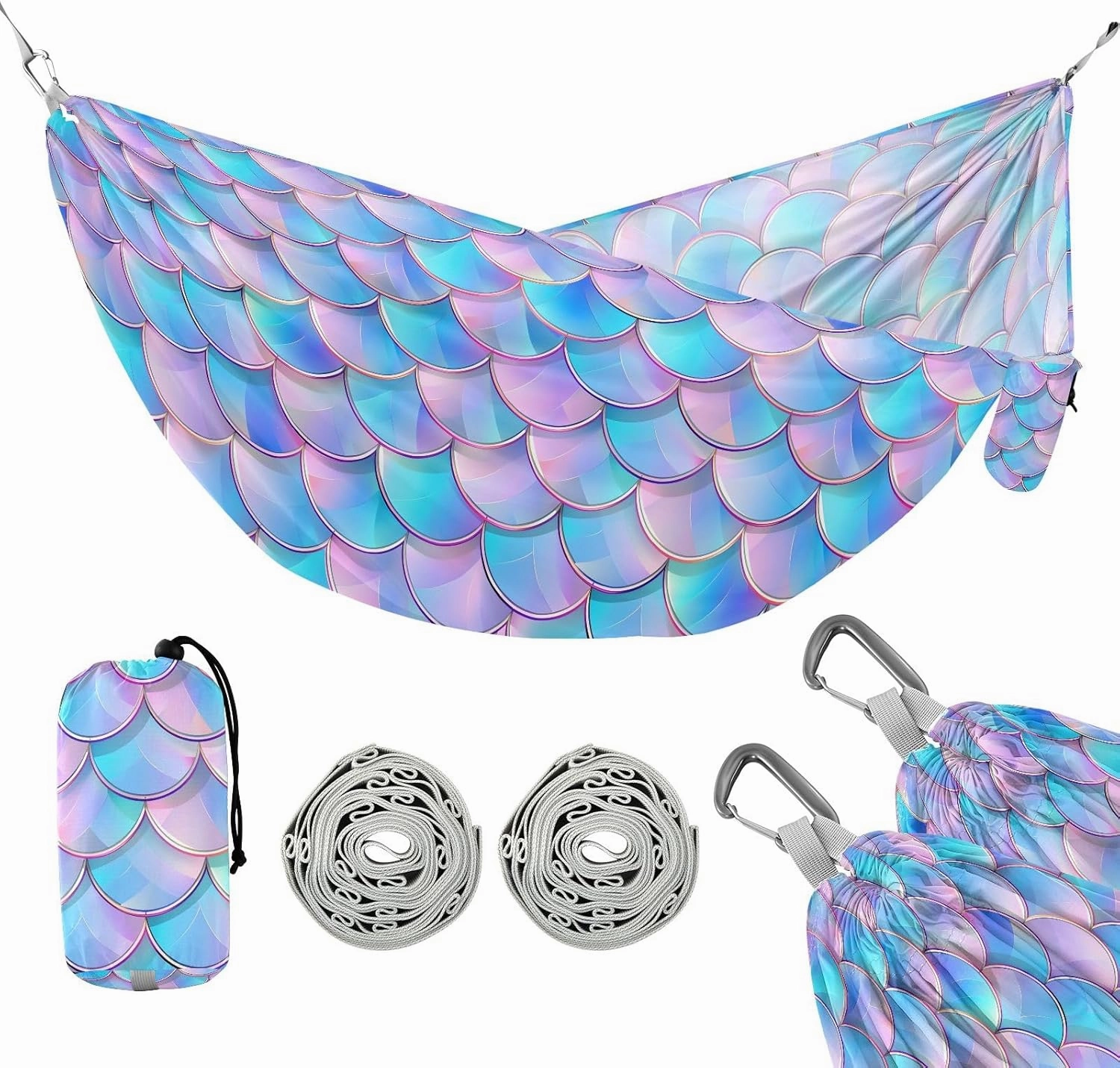 Camping Hammock Outdoor Hammocks for Outside Mermaid Scale Beach Trees Portable Lightweight with Pockets Tree Straps Indoor Small