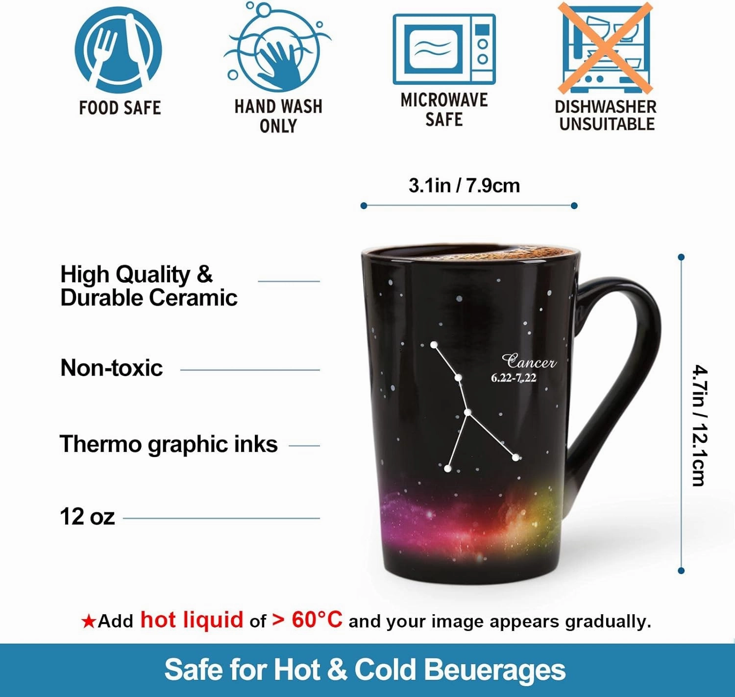 Cancer Heat Changing Constellation Mug 12oz, Horoscope Cancer Coffee Mug, Moon Stary Ceramic Color Changing Cup, Astrology Sign, Holiday Birthday Gift, June July Magic Presents.