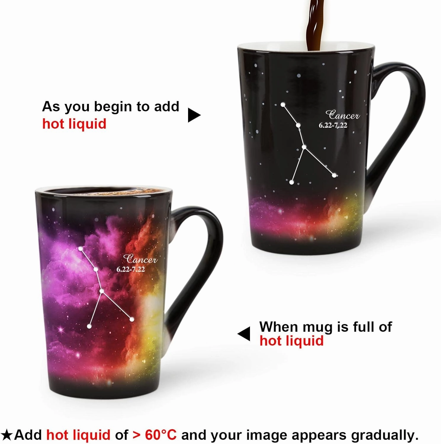 Cancer Heat Changing Constellation Mug 12oz, Horoscope Cancer Coffee Mug, Moon Stary Ceramic Color Changing Cup, Astrology Sign, Holiday Birthday Gift, June July Magic Presents.