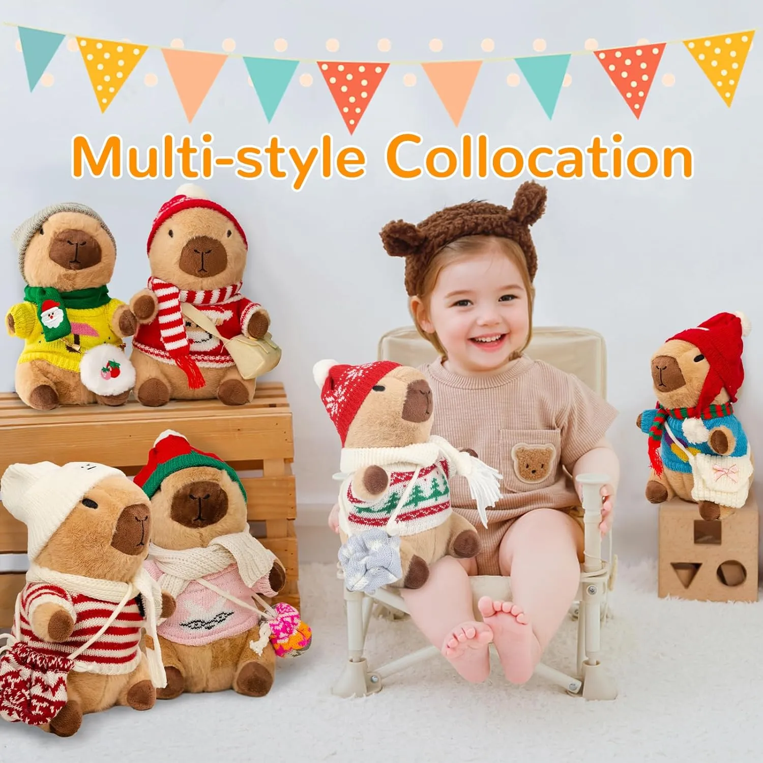 Capybara Plush with 10 Pcs Capybara Costume, Fall & Winter Style Dress Up, Christmas Plush, Stuffed Animal Birthday Gifts for Boys & Girls(Daily)