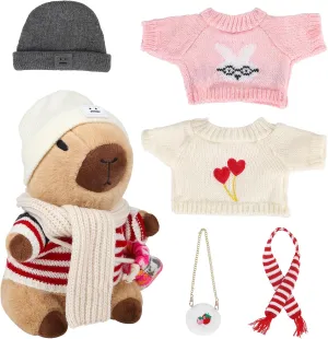 Capybara Plush with 10 Pcs Capybara Costume, Fall & Winter Style Dress Up, Christmas Plush, Stuffed Animal Birthday Gifts for Boys & Girls(Daily)