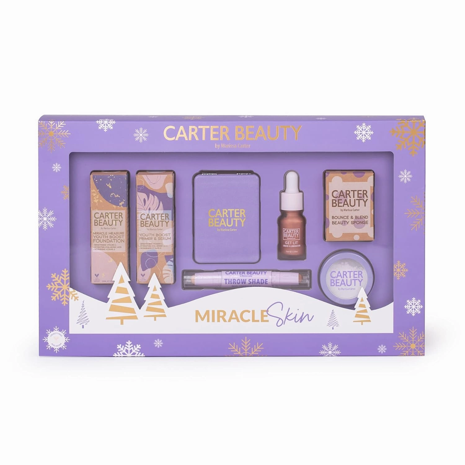 Carter Beauty Miracle Skin - Makeup For A More Radiant Effect - Perfect For An On The Go Face Look - Includes Foundation, Illuminator, Contour Stick, Setting Powder - Sticky Toffee - 7 Pc Gift Set