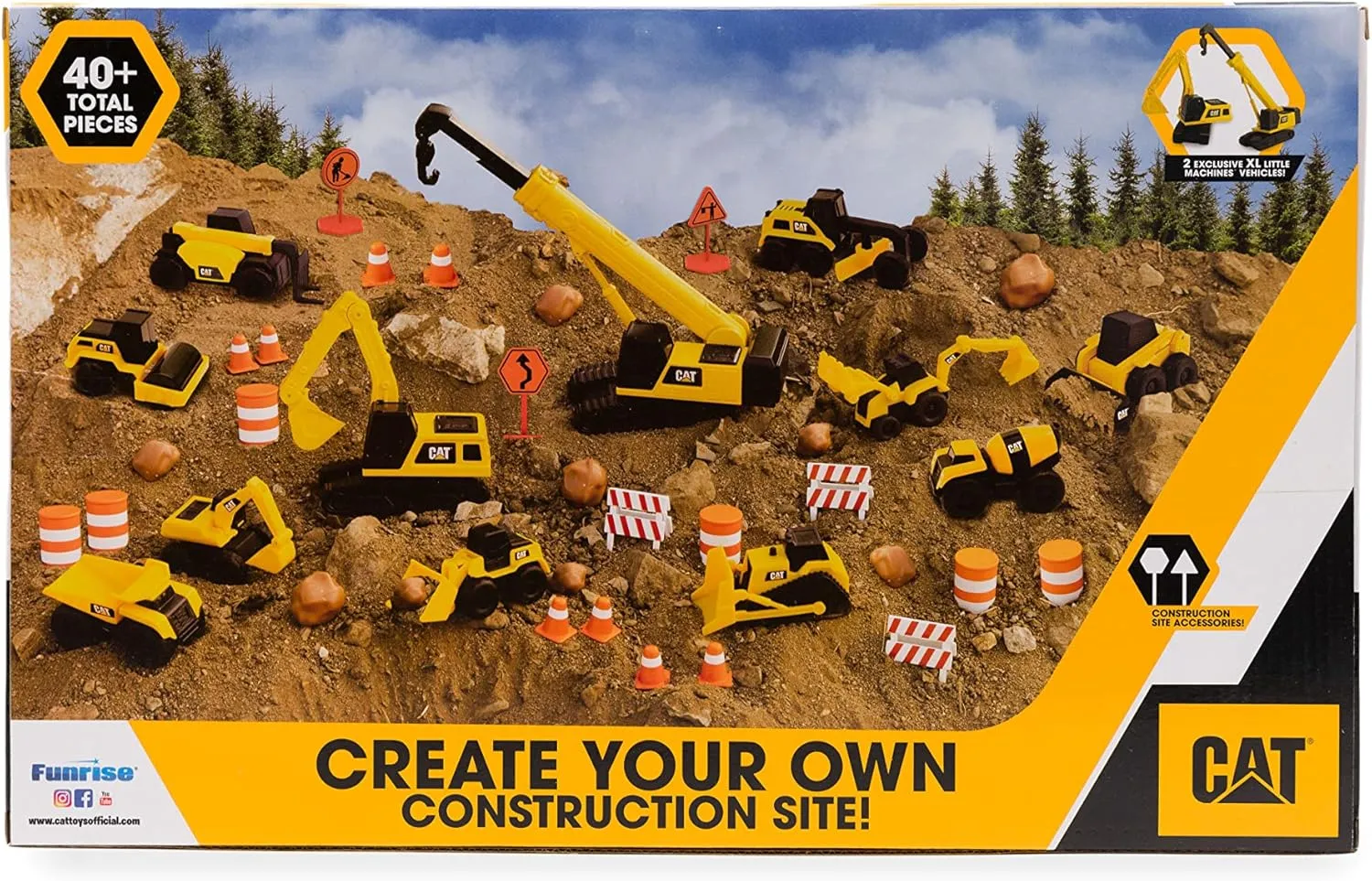 CAT Construction Toys, Little Machines Mega Set, 40-Piece Yellow Vehicles and Construction Site Accessories, Includes Dump Truck, Crane, Excavator, Bulldozer and more, for Kids and Toddlers Ages 3 