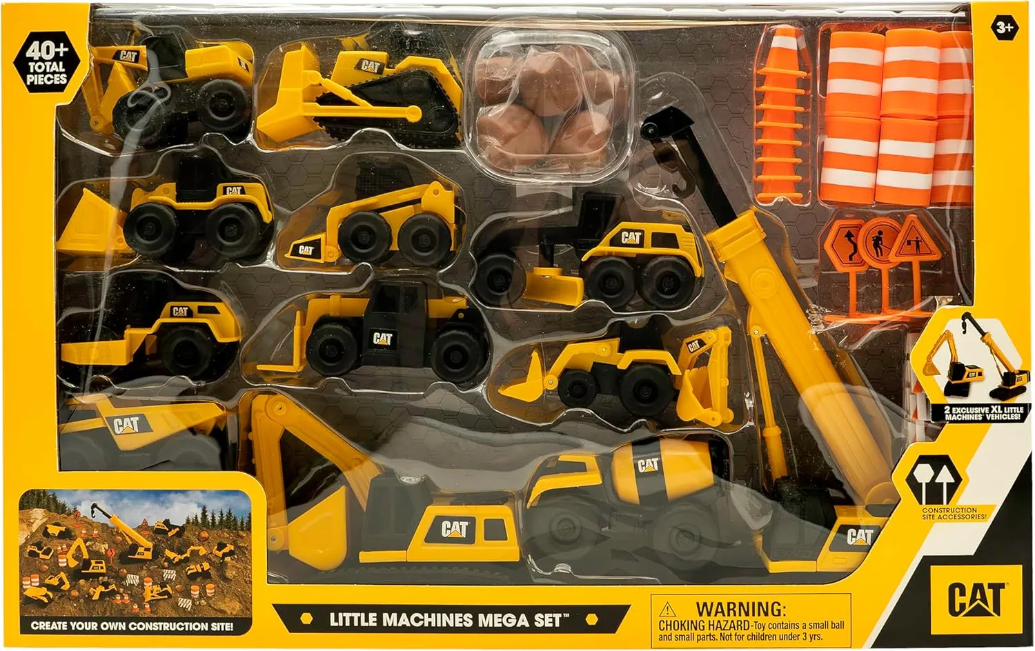 CAT Construction Toys, Little Machines Mega Set, 40-Piece Yellow Vehicles and Construction Site Accessories, Includes Dump Truck, Crane, Excavator, Bulldozer and more, for Kids and Toddlers Ages 3 