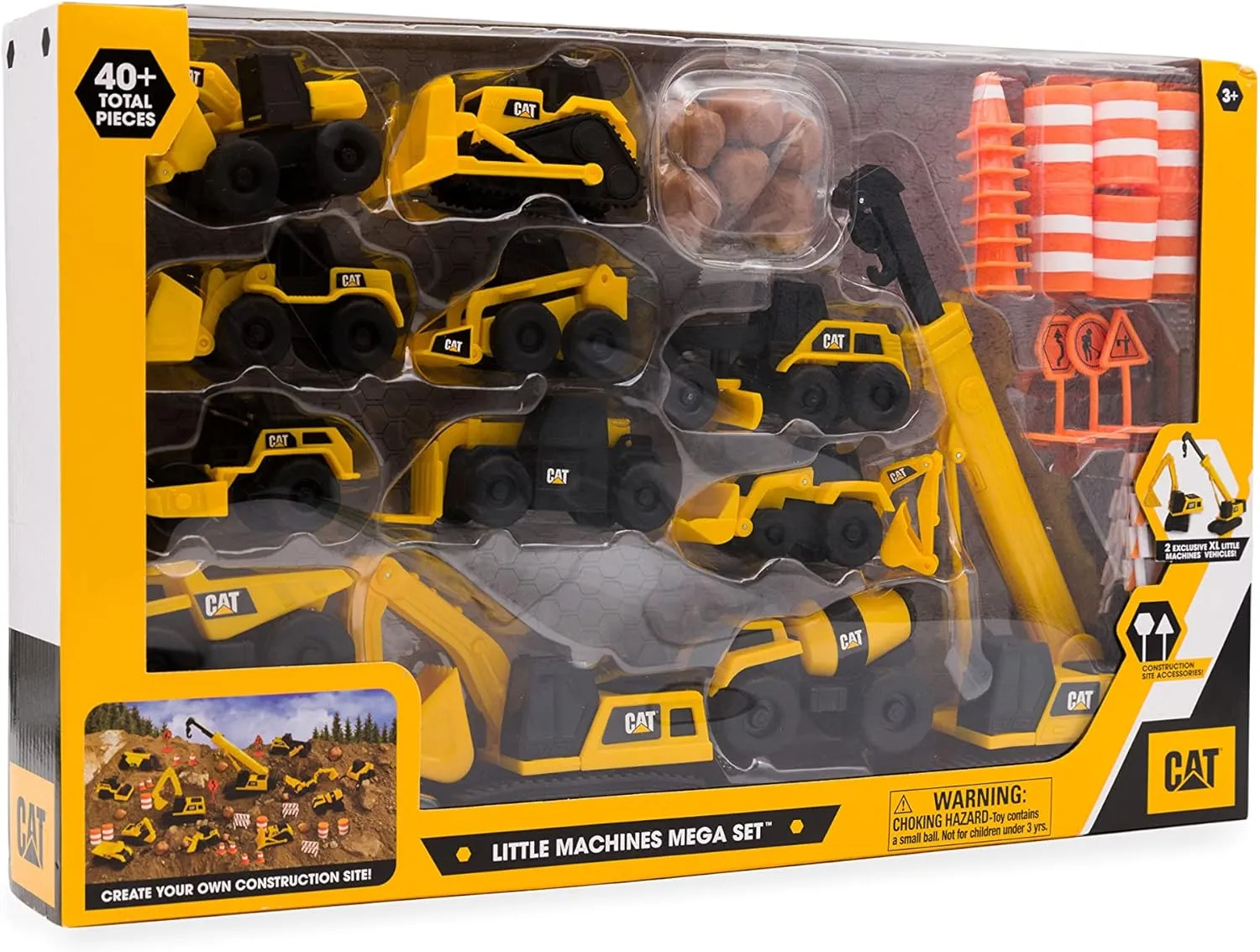 CAT Construction Toys, Little Machines Mega Set, 40-Piece Yellow Vehicles and Construction Site Accessories, Includes Dump Truck, Crane, Excavator, Bulldozer and more, for Kids and Toddlers Ages 3 