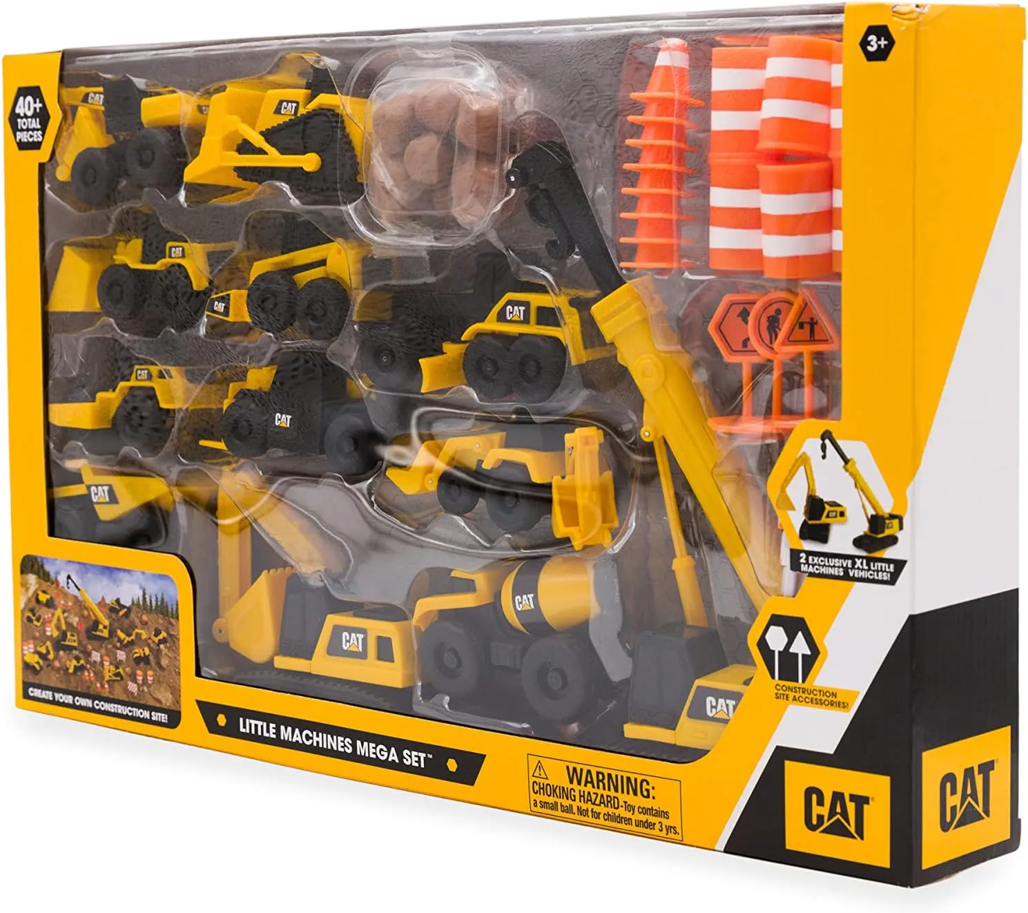 CAT Construction Toys, Little Machines Mega Set, 40-Piece Yellow Vehicles and Construction Site Accessories, Includes Dump Truck, Crane, Excavator, Bulldozer and more, for Kids and Toddlers Ages 3 