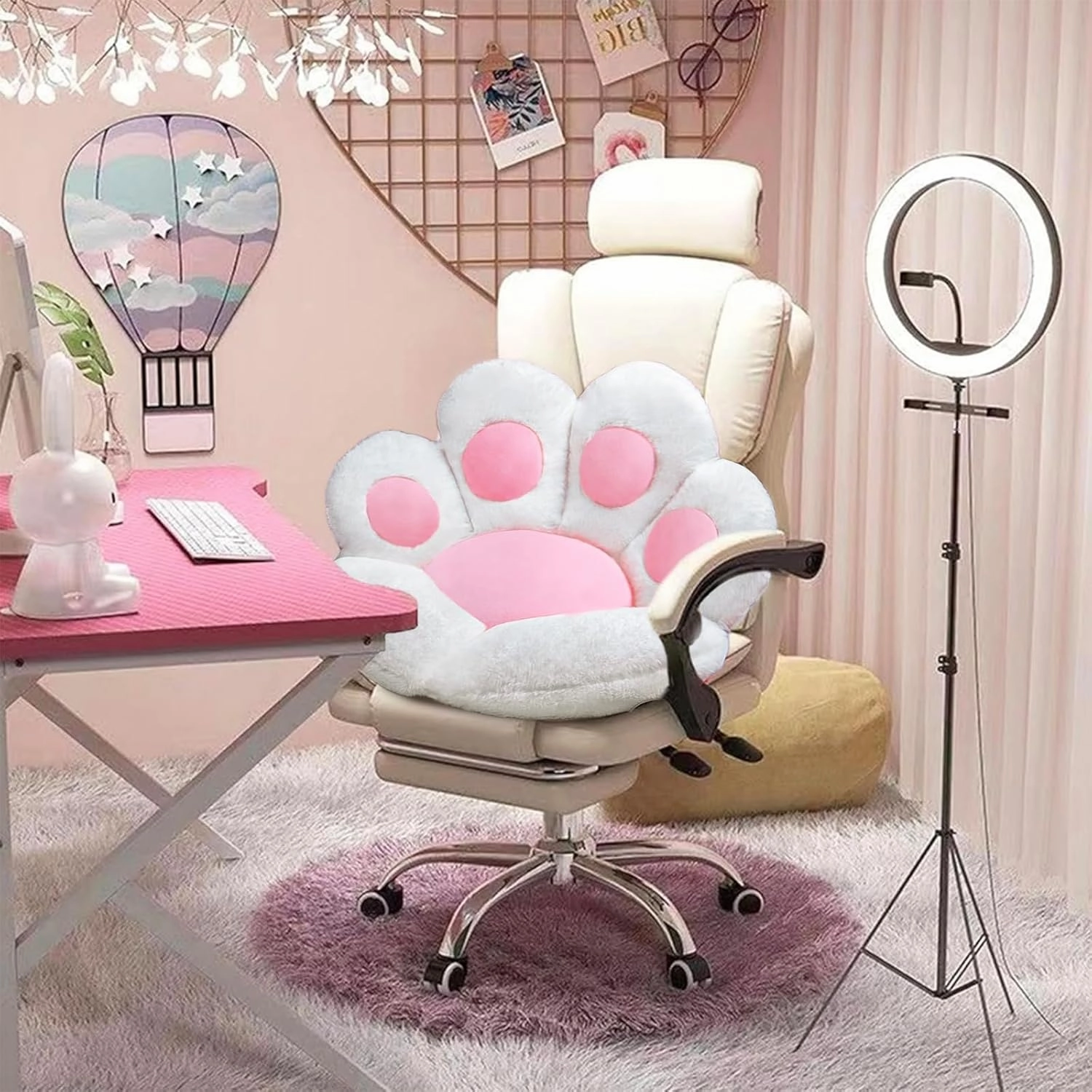 Cat Paw Cushion Cute Chair Cushions Kawaii Cat Paw Shape 28"x 24"Gaming Chair Cushion Kitty Plush Lazy Sofa Pillow for Girl Gamer Chair,Kawaii Accessories Stuff Room Decor (White)