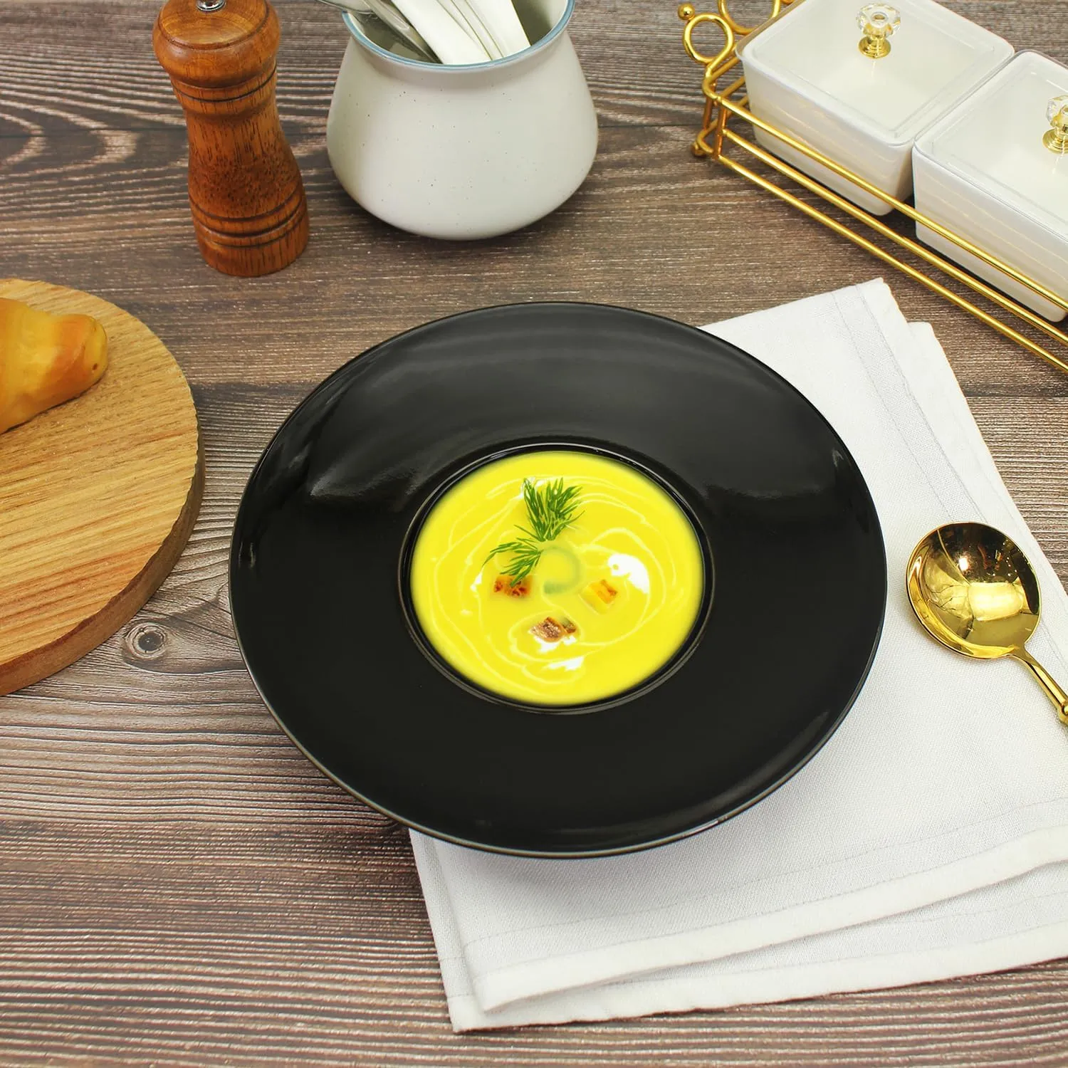 Ceramics Rimmed Soup Bowls 5.1 oz, Black 8.5 inch Exquisite small soup plate Set of 4, Pasta plates With Rim is the best choice for hotels, kitchens, fine restaurants and gourmets