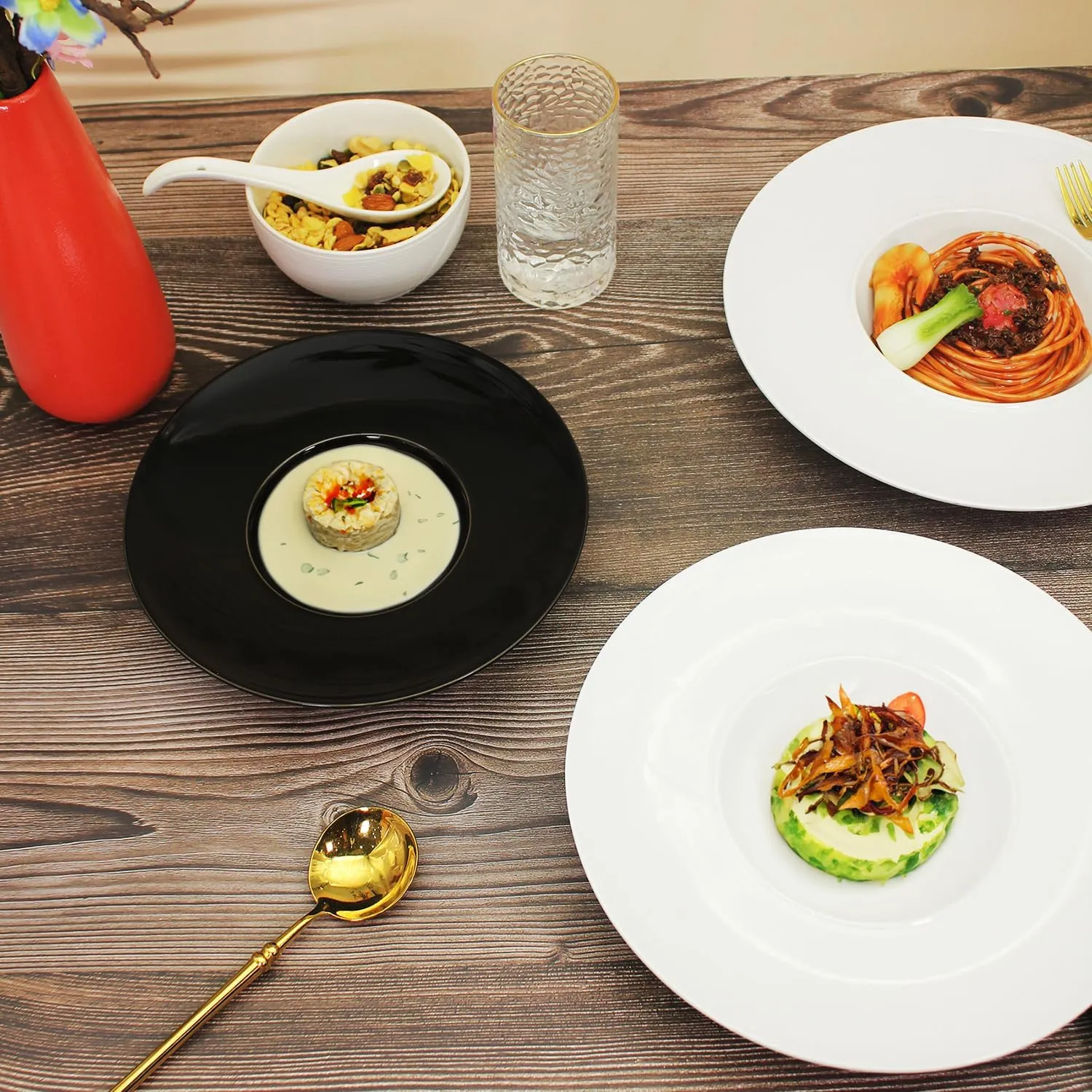 Ceramics Rimmed Soup Bowls 5.1 oz, Black 8.5 inch Exquisite small soup plate Set of 4, Pasta plates With Rim is the best choice for hotels, kitchens, fine restaurants and gourmets